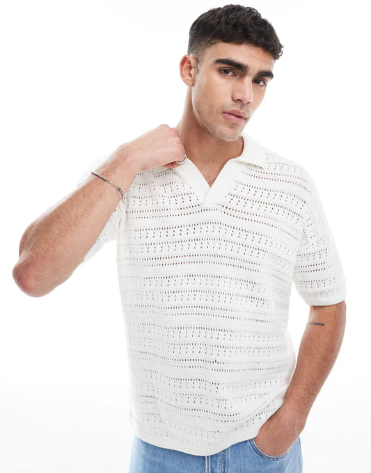 Open Knit Split Neck Polo