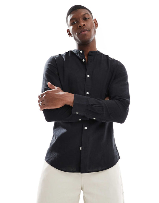 Linen Mix Grandad Collar Shirt