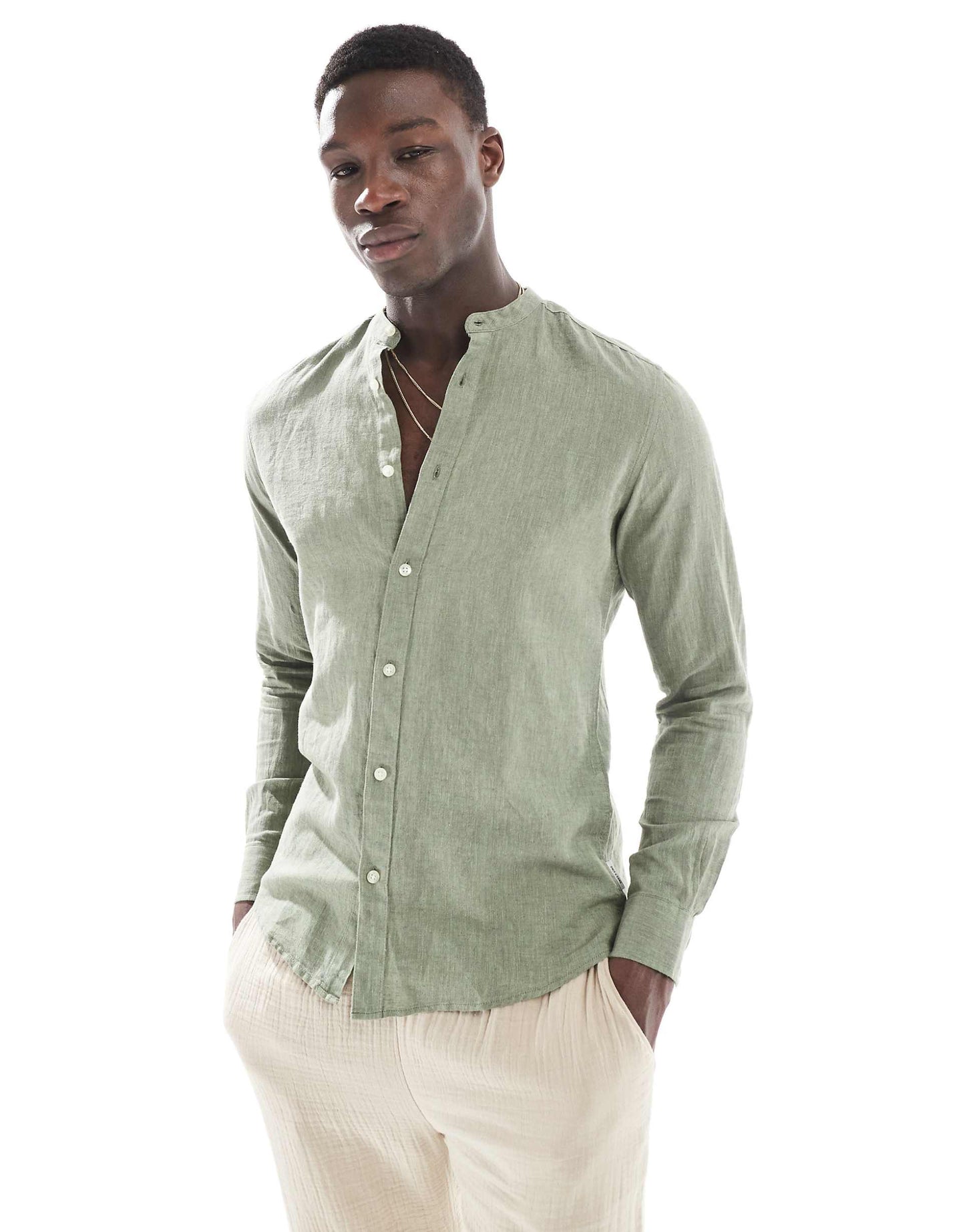 Linen Mix Grandad Collar Shirt