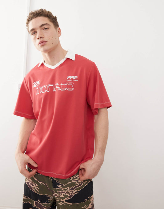 Red Football Top With Monaco Print