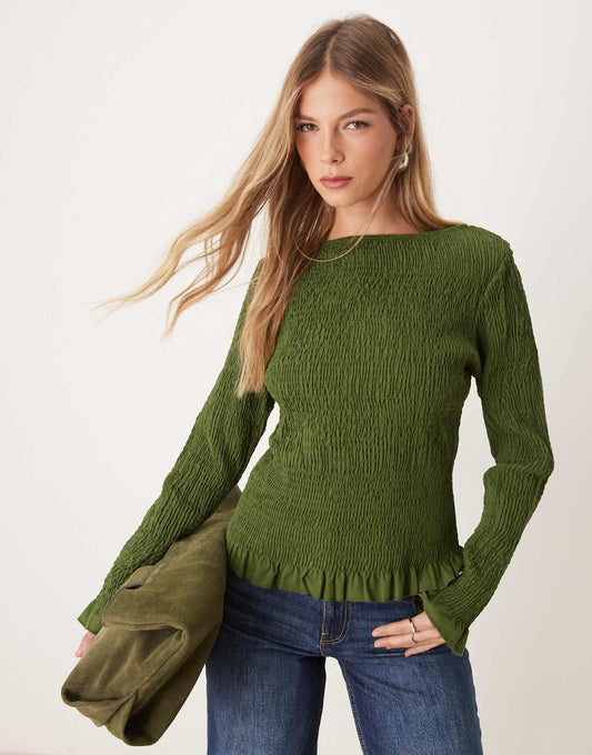 Poplin Shirred Slash Neck Top