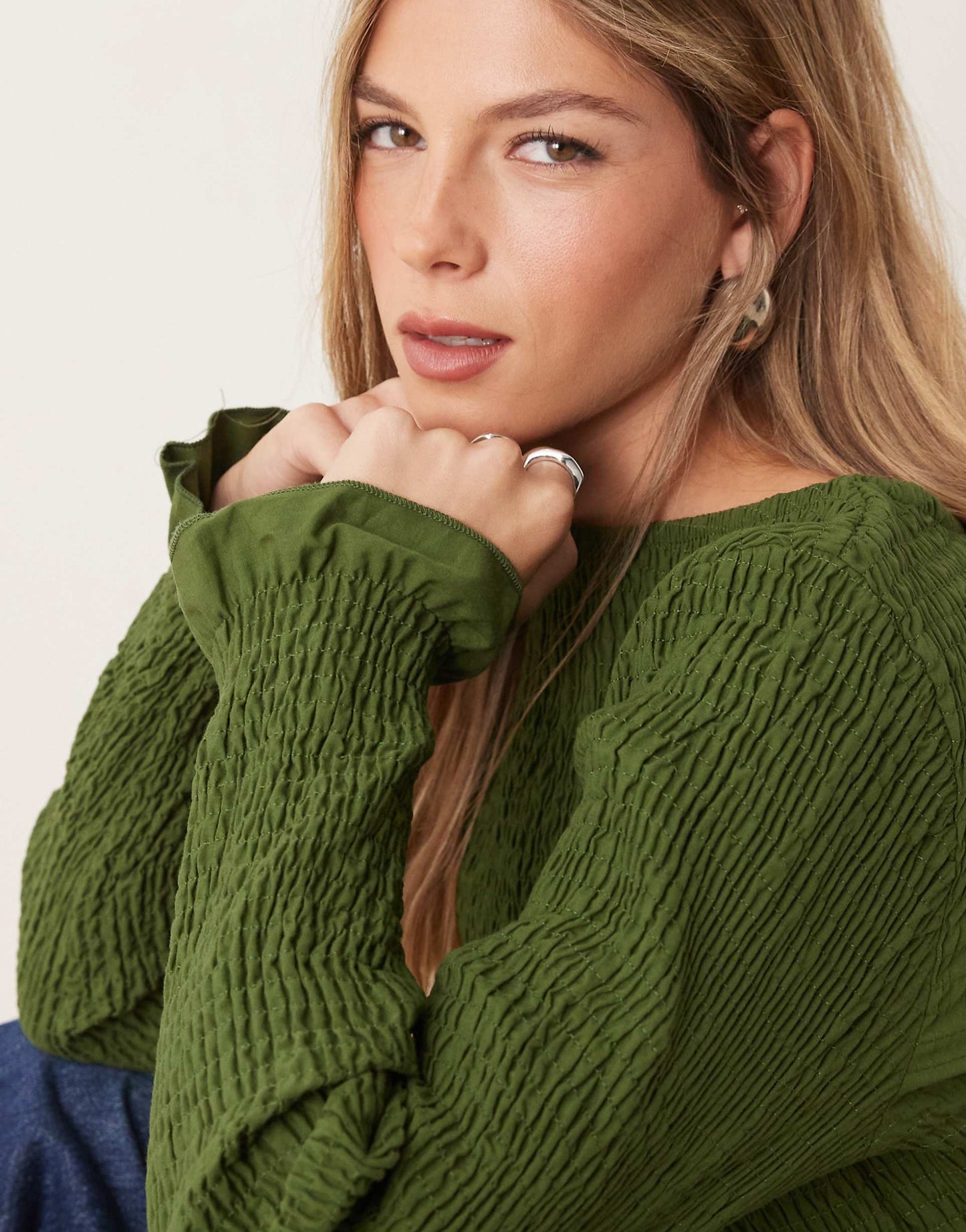 Poplin Shirred Slash Neck Top