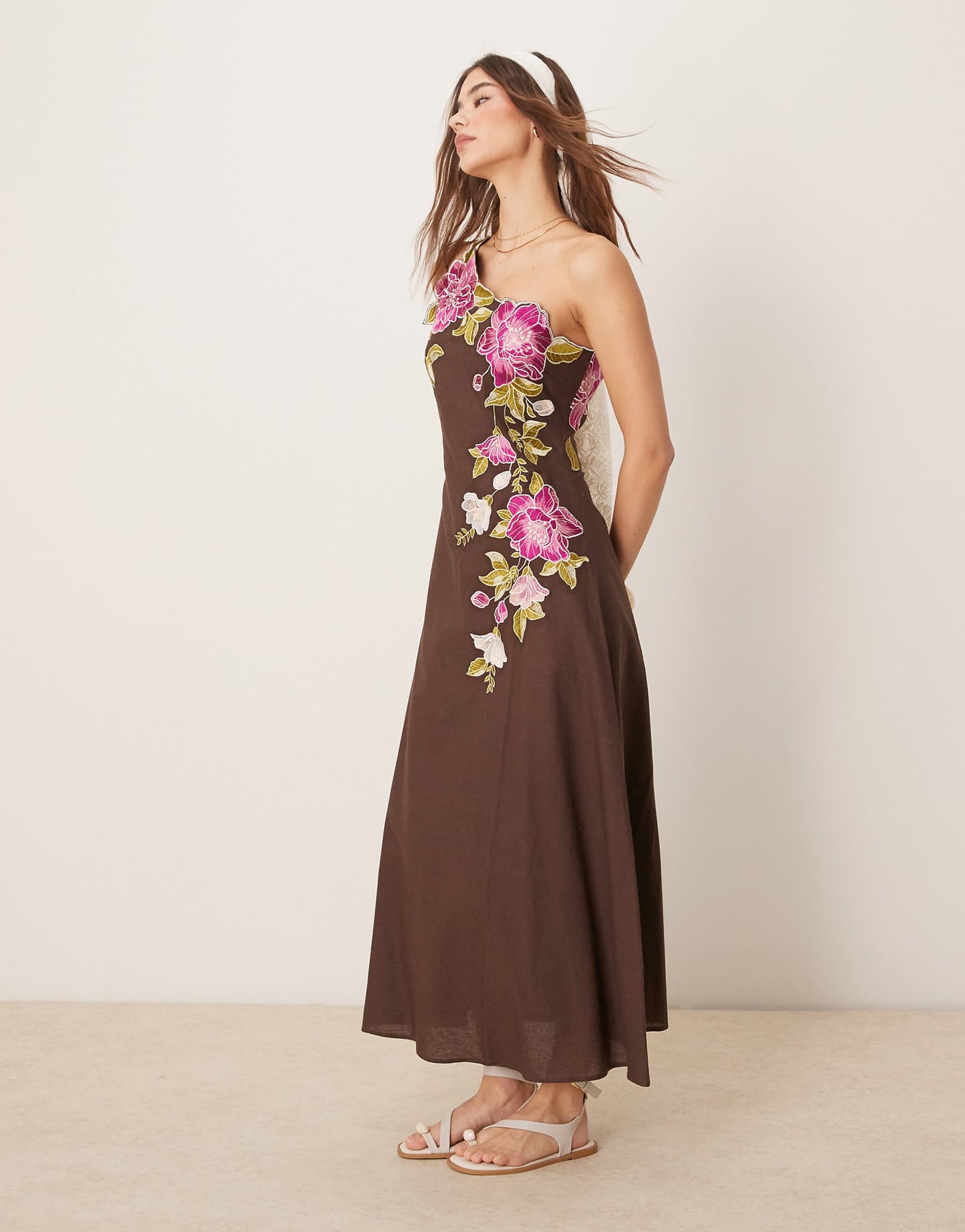 One Shoulder Embroidered Linen Midaxi Dress