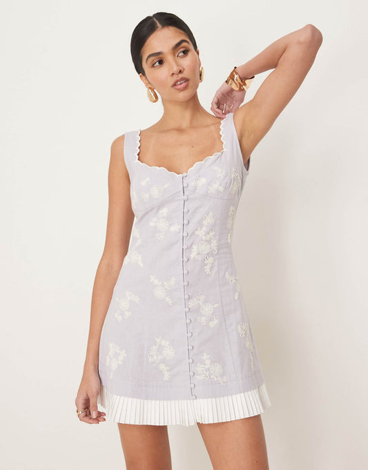 Scalloped Button Down Mini Dress With Pleated Hem And Floral Embroidery