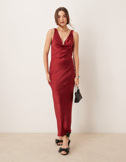 Cowl Neck Low Back Satin Bias Cut Maxi Dress
