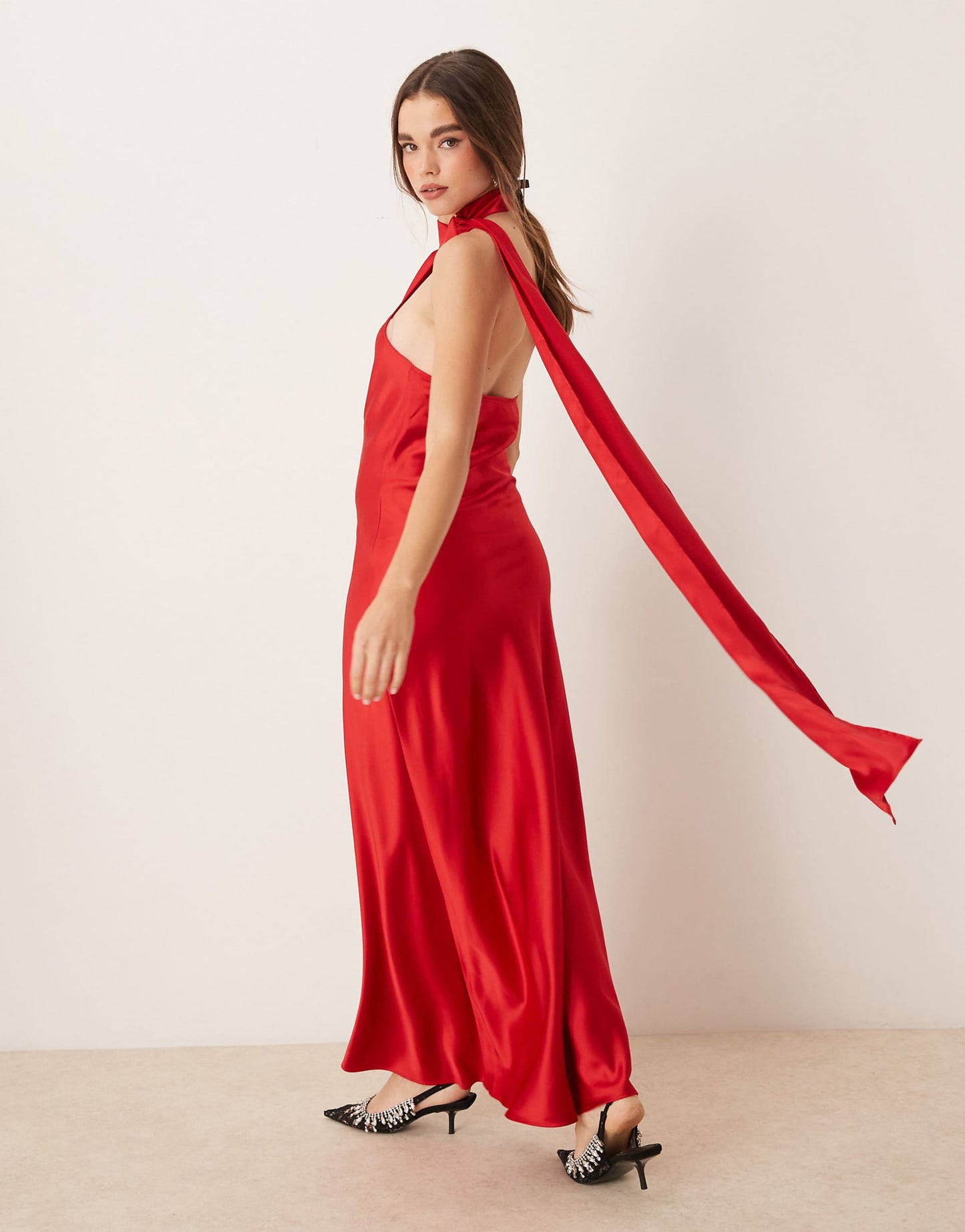 Satin Drape Detail One Shoulder Scarf Neck Maxi Dress