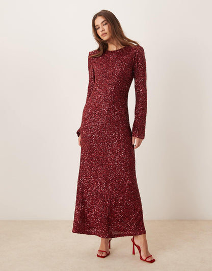 Fluted Sleeve Sequin Maxi Dress With Open Back