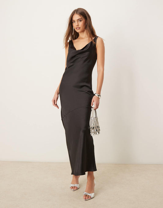 Cowl Neck Low Back Satin Bias Cut Maxi Dress