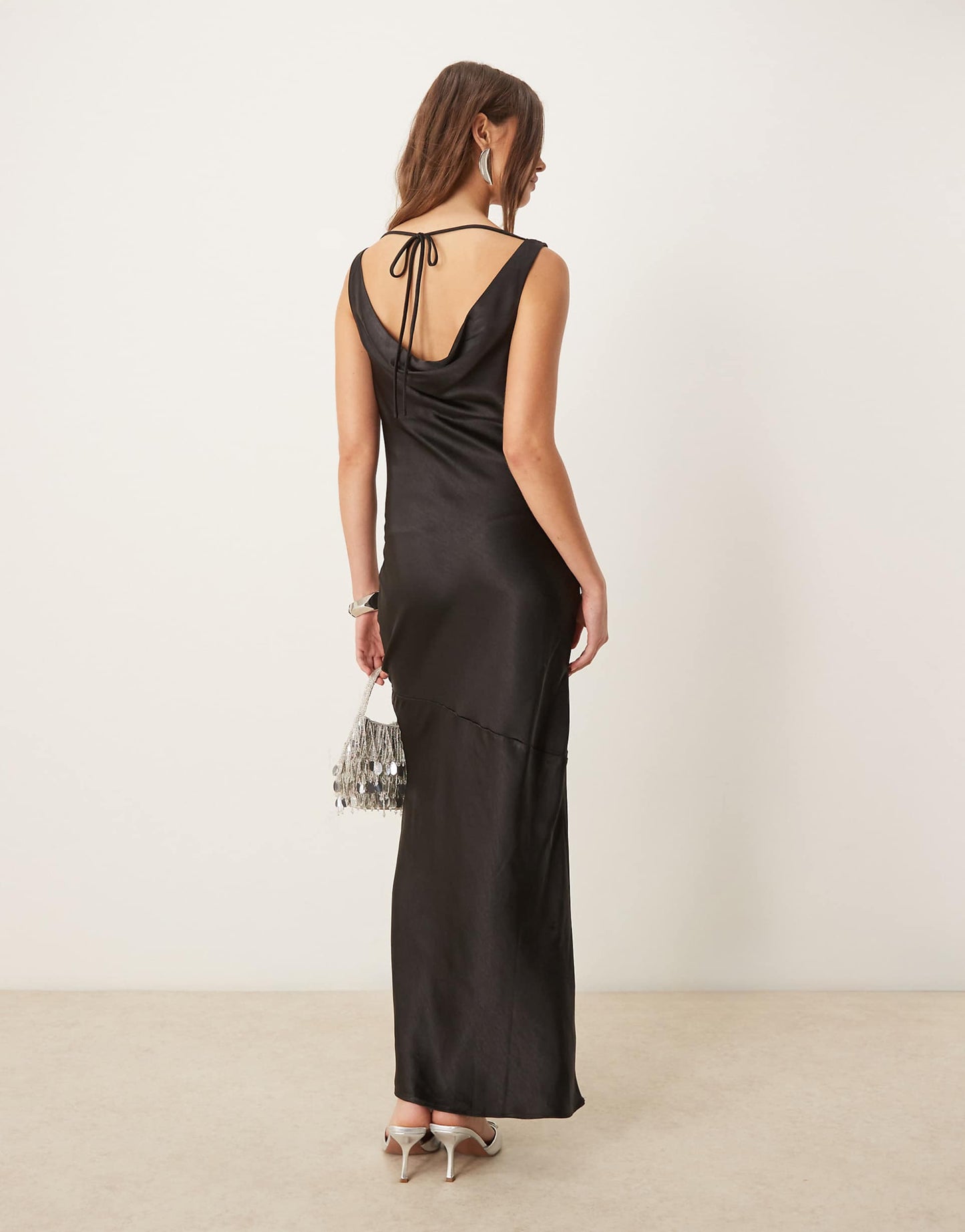 Cowl Neck Low Back Satin Bias Cut Maxi Dress