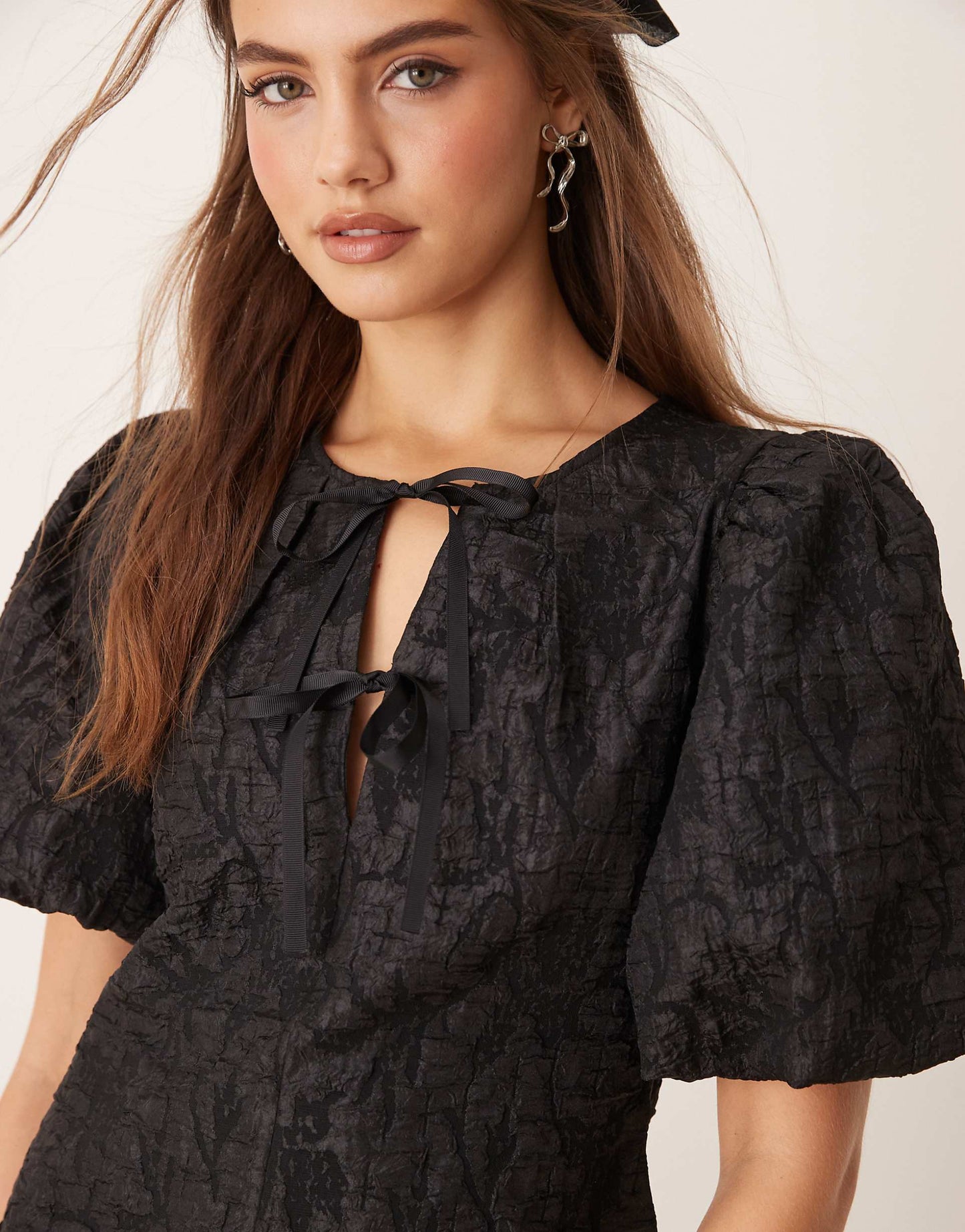 Balloon Sleeve Jacquard Mini Dress With Tie Front Detail