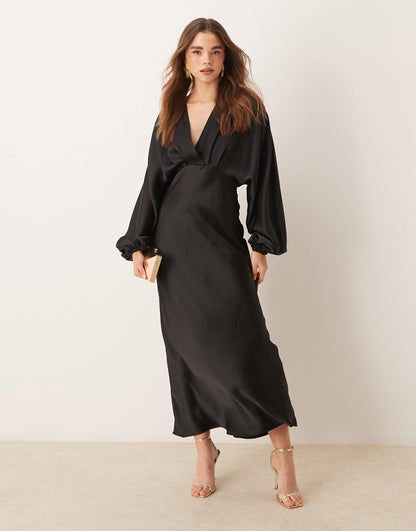 V Neck Satin Maxi Dress With Volume Sleeves