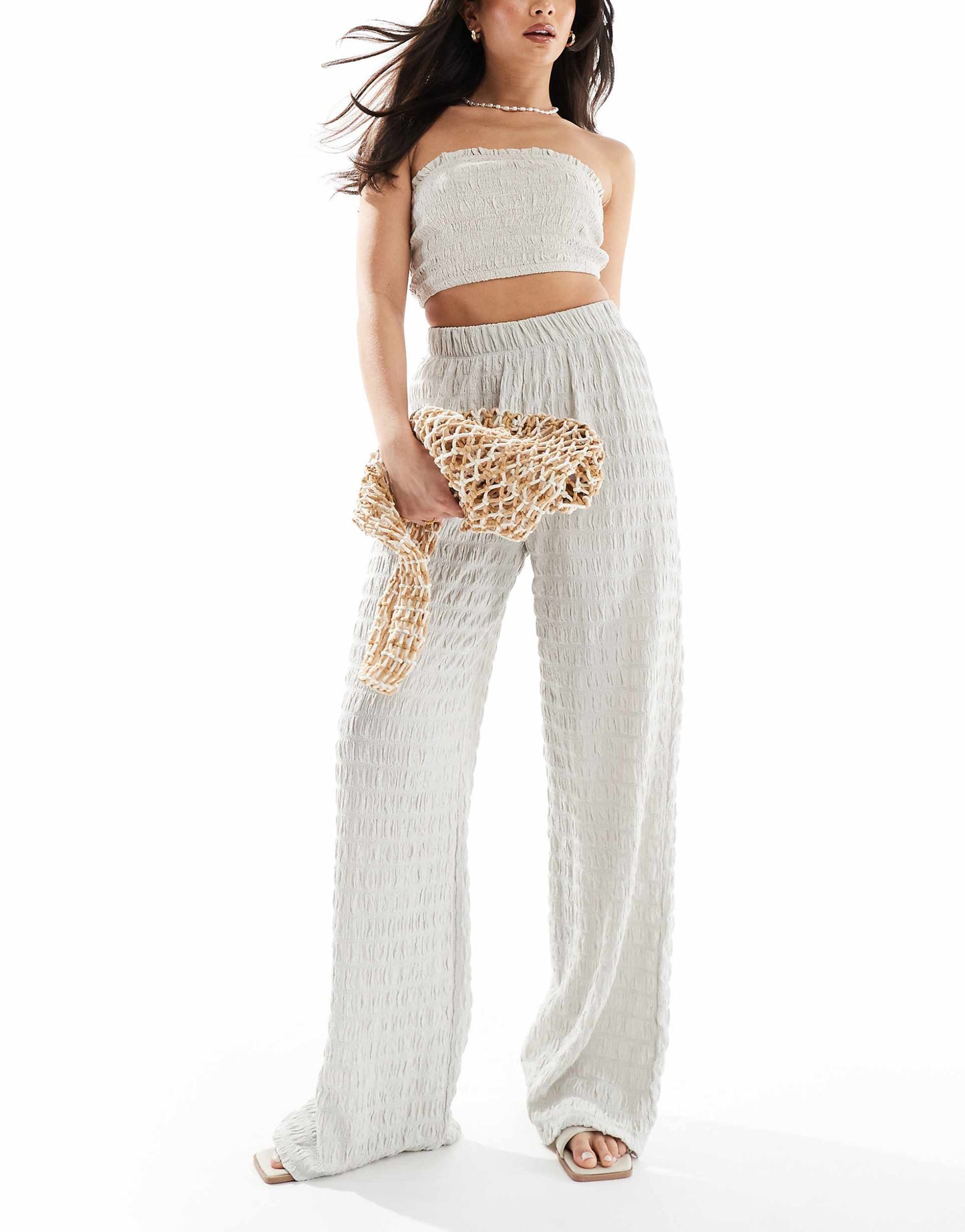 Seersucker Wide Leg Trousers