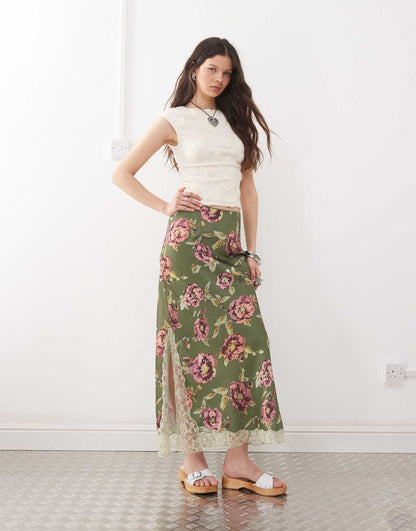 Satin Midi Skirt With Lace Trim