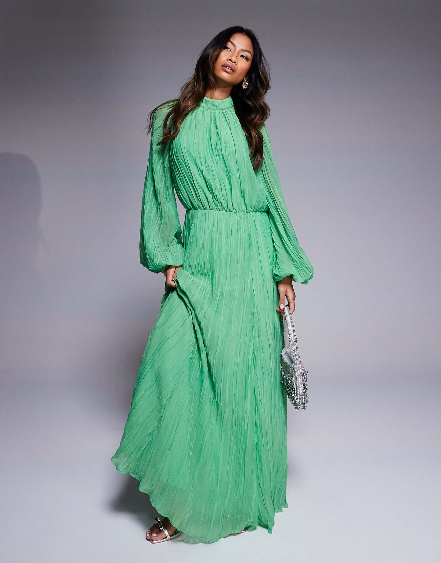 Crinkle Pleat Blouson Sleeve High Neck Maxi Dress