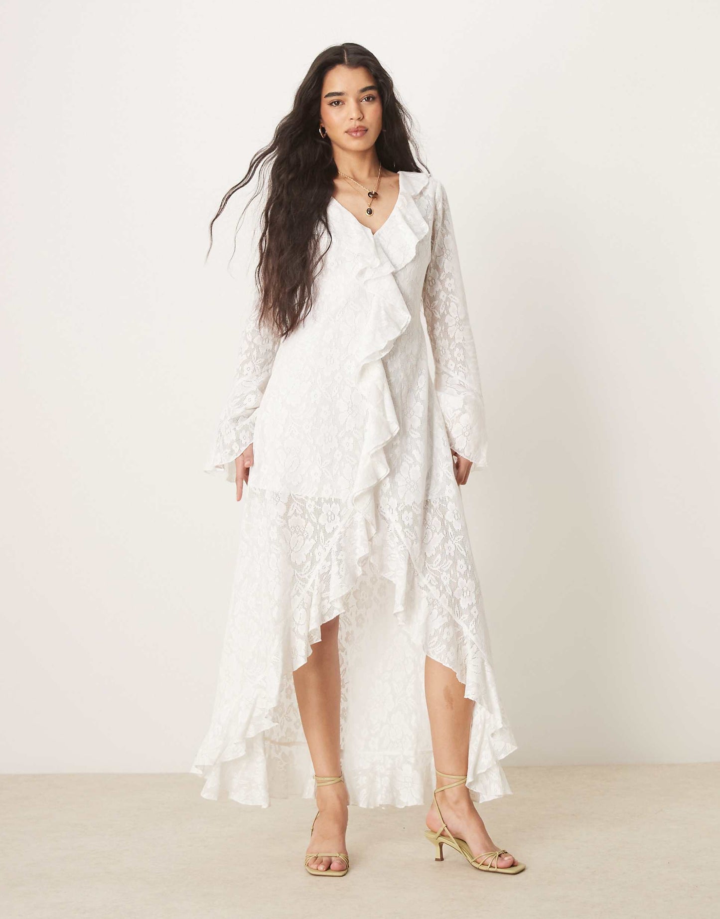 Crochet Lace Long Sleeve Frill Maxi Dress With High Low Hem