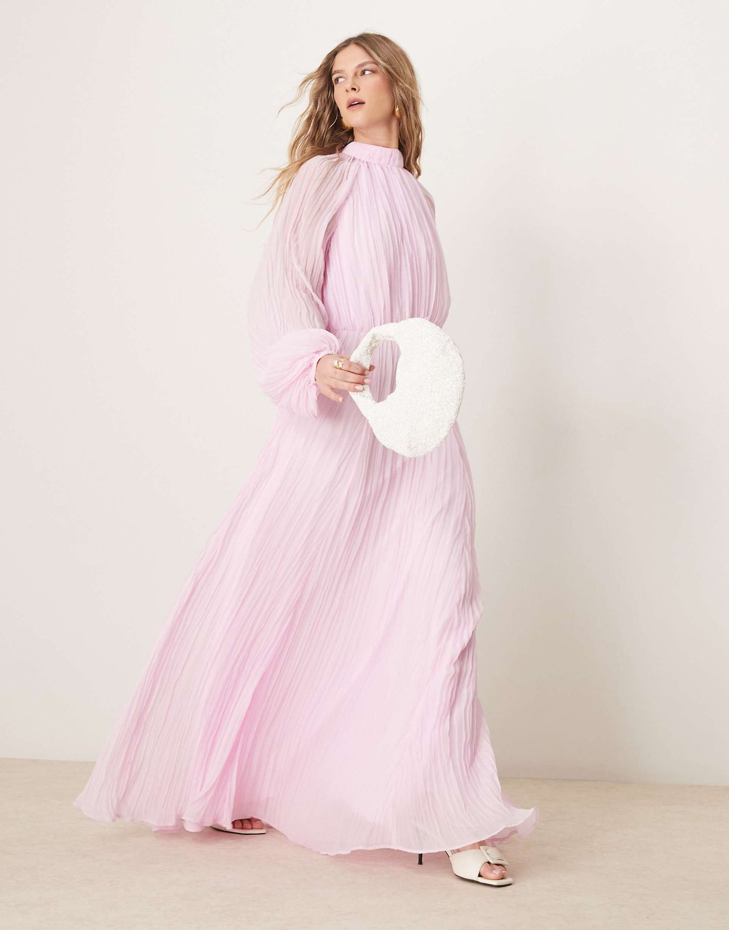 Crinkle Pleat Blouson Sleeve High Neck Maxi Dress