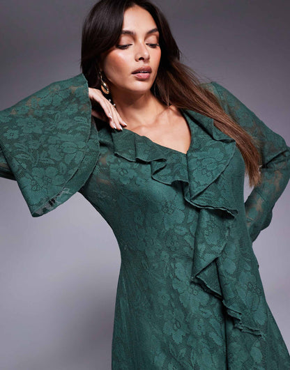 Crochet Lace Long Sleeve Frill Mini Dress With High Low Hem