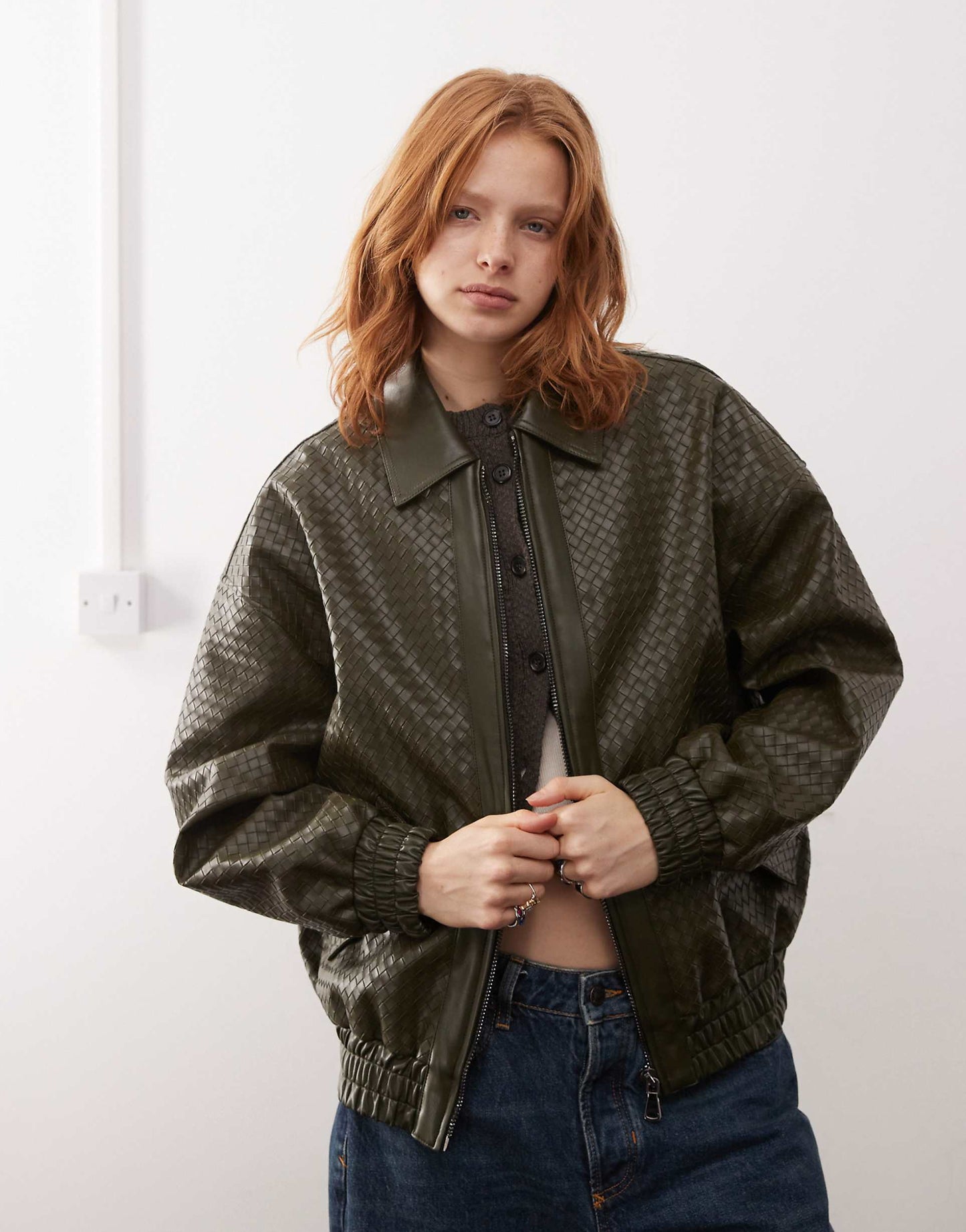 Exclusive Leather Look Weave Detail Bomber Jacket