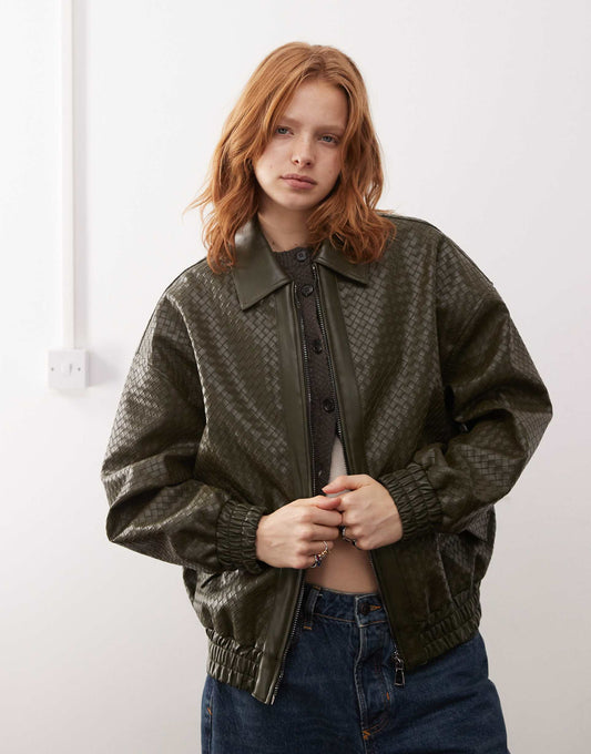 Exclusive Leather Look Weave Detail Bomber Jacket
