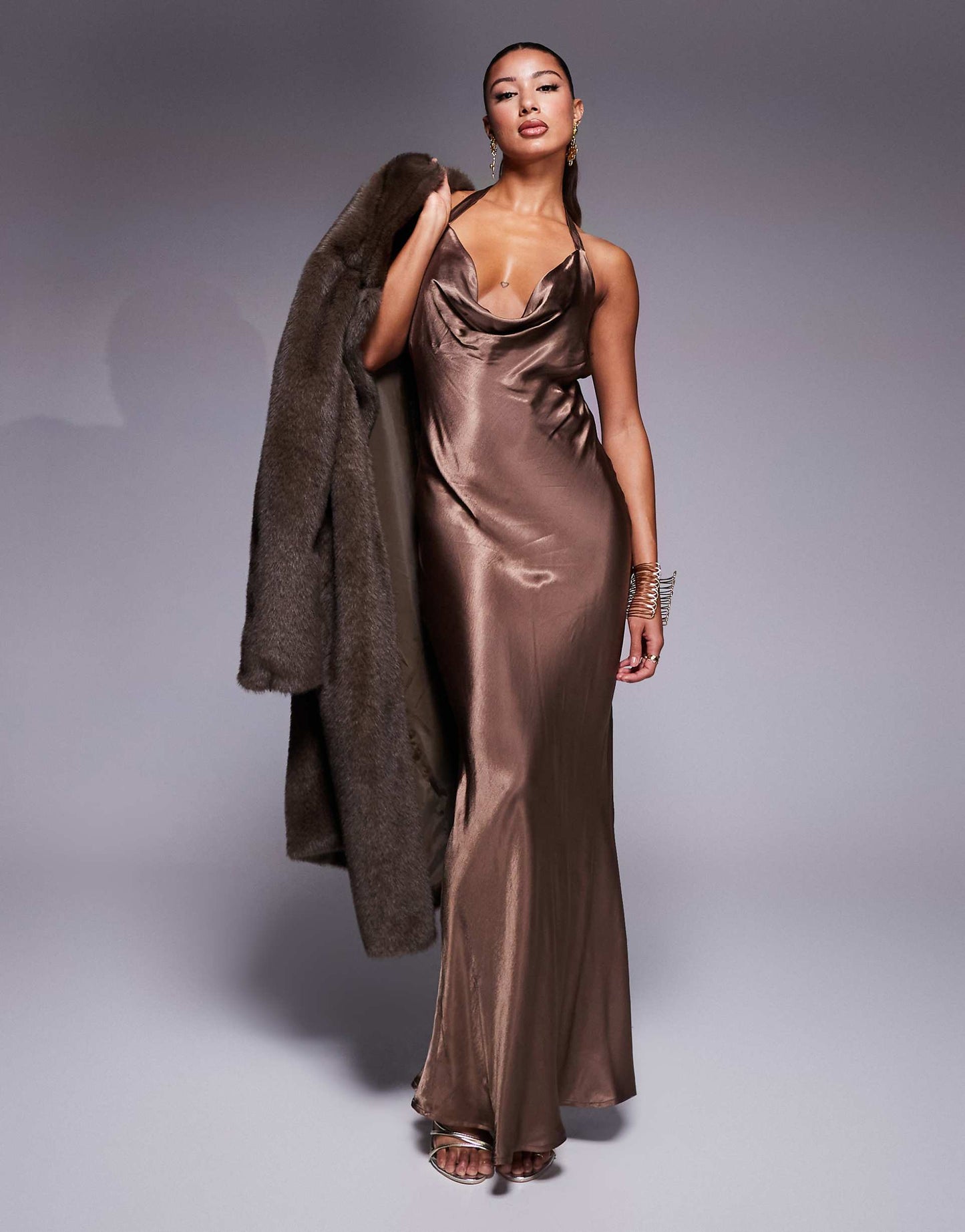 Satin Cowl Neck Plunge Halter Maxi