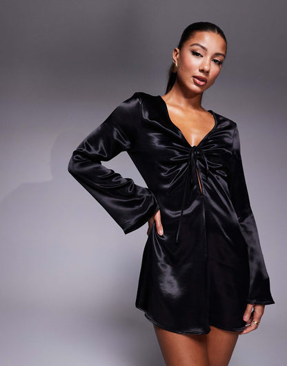 Satin Angel Sleeve Plunge Mini Dress