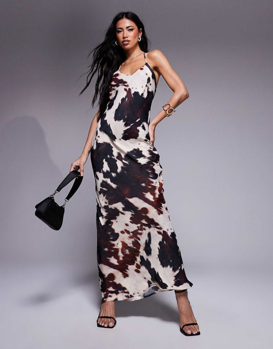 Satin V Neck Strappy Maxi Dress