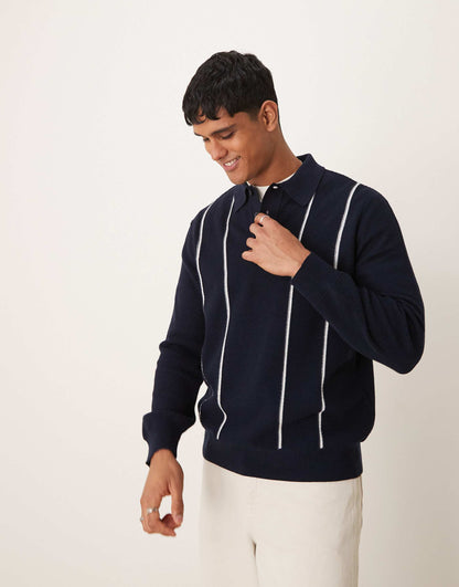Relaxed Fit Knitted Polo With Stripe Detail