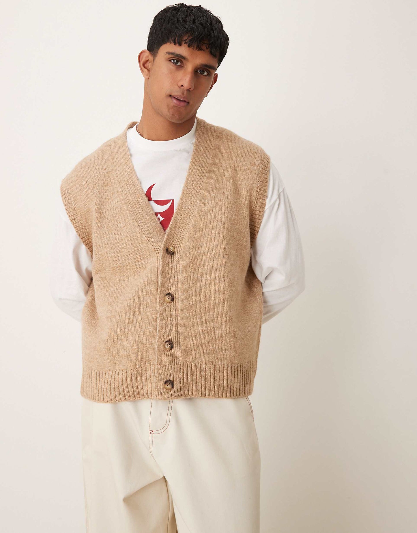 Oversized Boxy Fit Brushed Knitted Button Through Vest