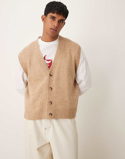 Oversized Boxy Fit Brushed Knitted Button Through Vest