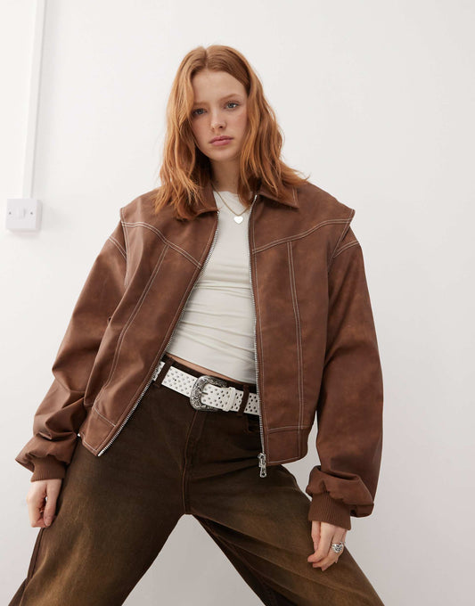 Exclusive Leather Look Contrast Stitch Bomber Jacket