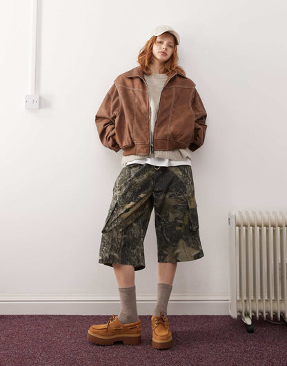 Exclusive Leather Look Contrast Stitch Bomber Jacket