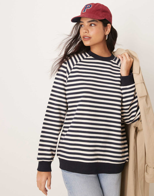 Oversized Stripe Long Sleeve Sweat With Navy Rib