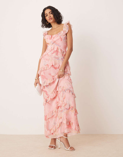 Scoop Neck Ruffle Maxi Dress