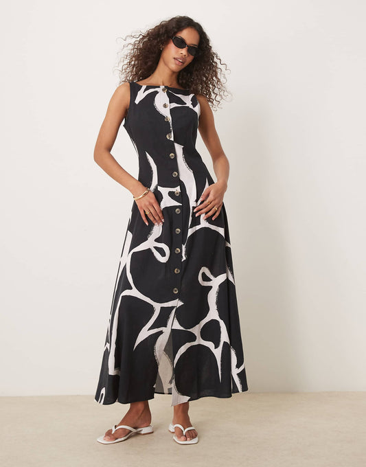 Slash Neck Button Down Waistcoat Maxi Dress