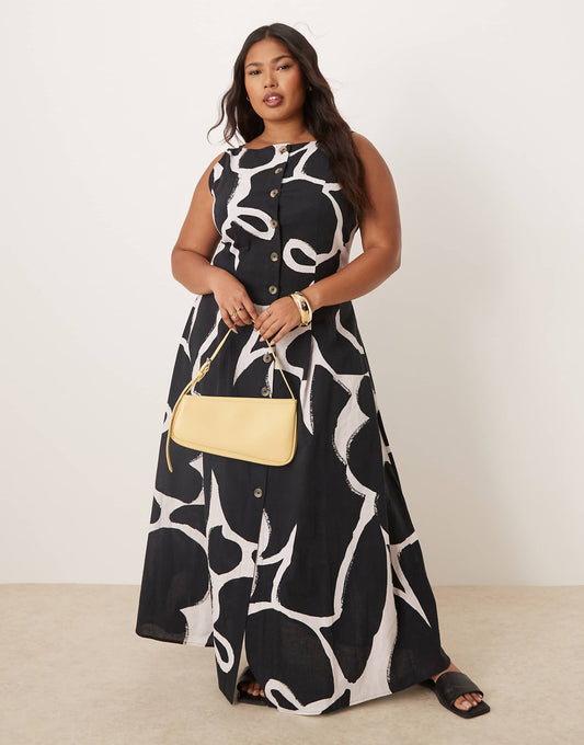 Curve Slash Neck Button Down Waistcoat Maxi Dress