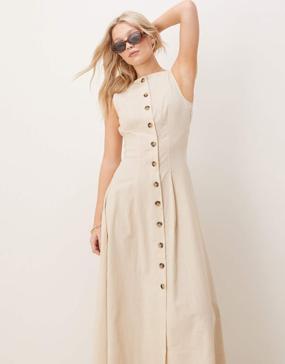 Slash Neck Button Down Waistcoat Maxi Dress