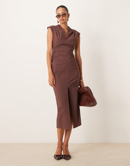 V Neck Pleated Shoulder Ruched Waist Bengaline Midi Dress