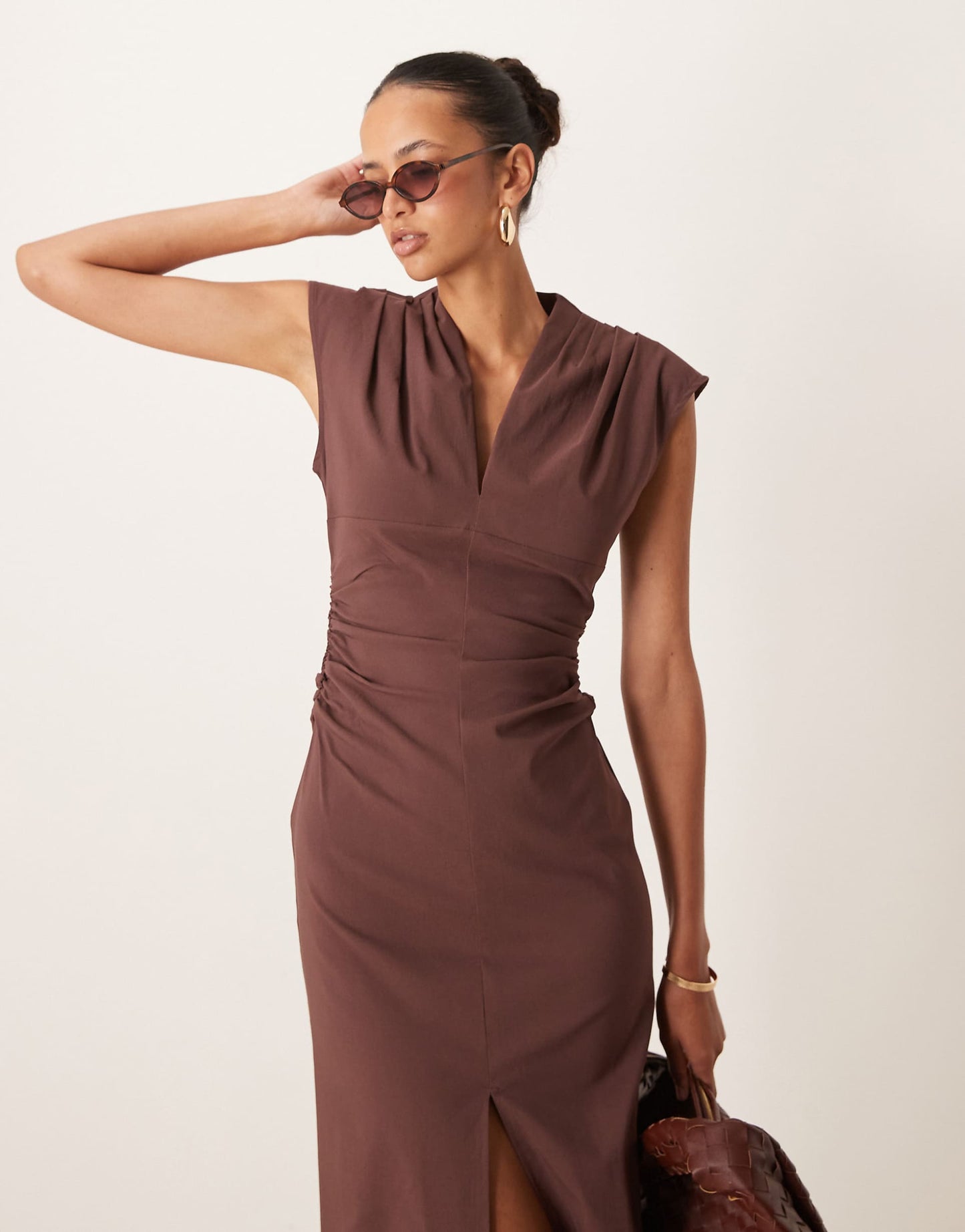 V Neck Pleated Shoulder Ruched Waist Bengaline Midi Dress