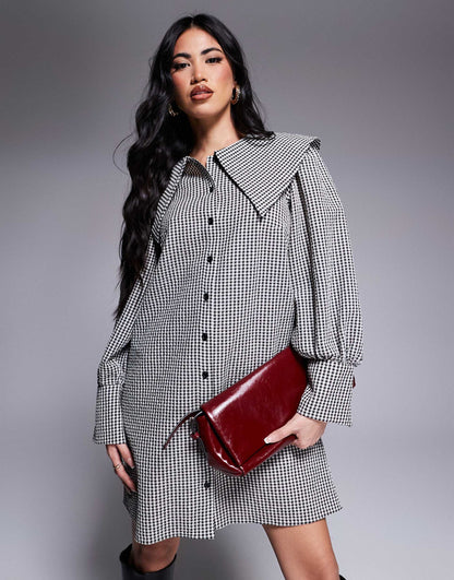 Check Collared Shirt Mini Dress