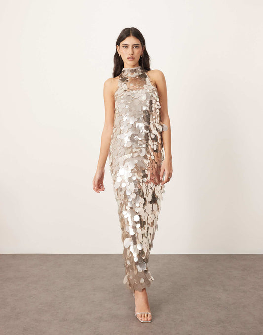 Embellished Disc Sequin High Neck Column Maxi Dress