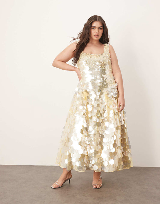 Curve Embellished Disc Sequin Square Neck Full Skirt Midi Dress