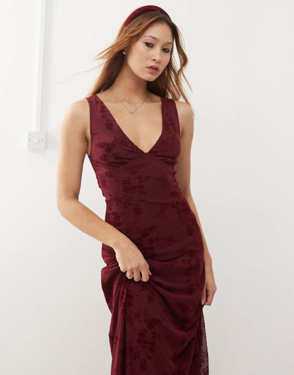 Gabriela Flocked Floral V-Neck Midi Dress