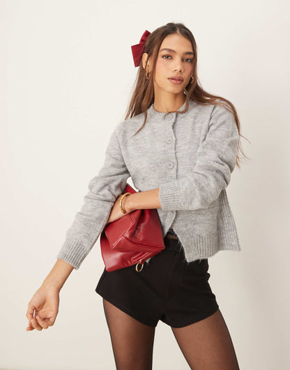 Crew Neck Crop Cardigan With Split Hem