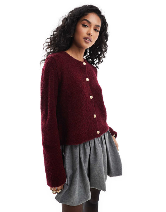 Crew Neck Boucle Cardigan With Gold Buttons