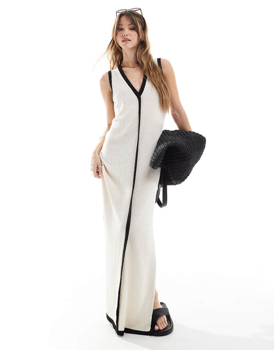 Contrast Trim Sleeveless V Neck Knitted Beach Maxi Dress