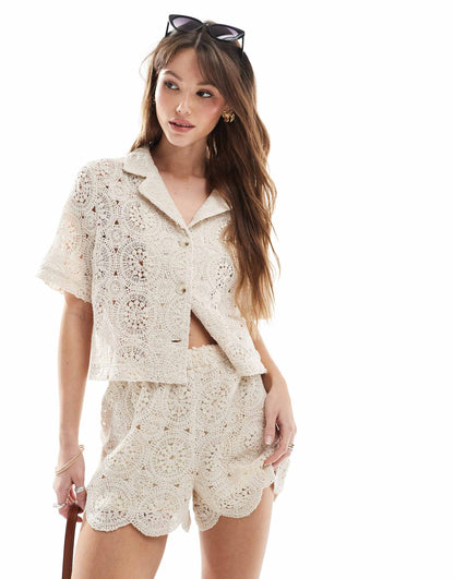 Floral Crochet Button Up Collared Beach Shirt Co-Ord