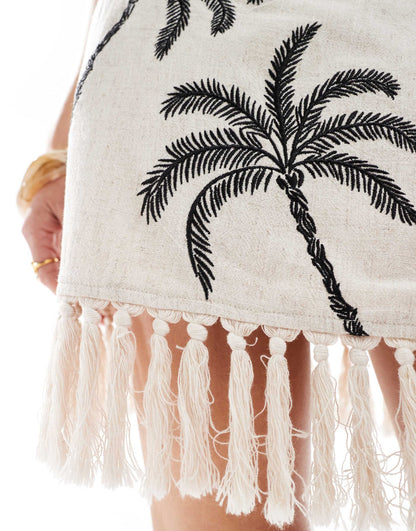 Linen Blend Palm Embroidery Wrap Tie Side Fringed Mini Skirt