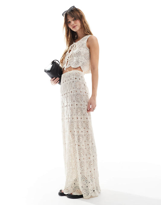 Floral Crochet Scallop Hem Beach Maxi Skirt Co-Ord