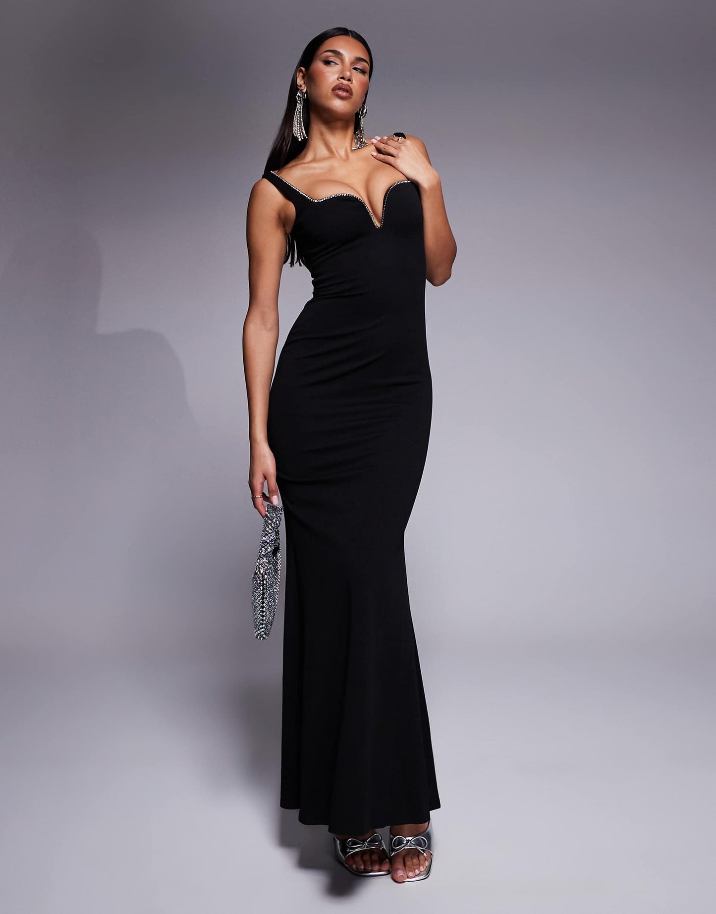 Embellished Diamante Trim Square Neck Scuba Maxi Dress