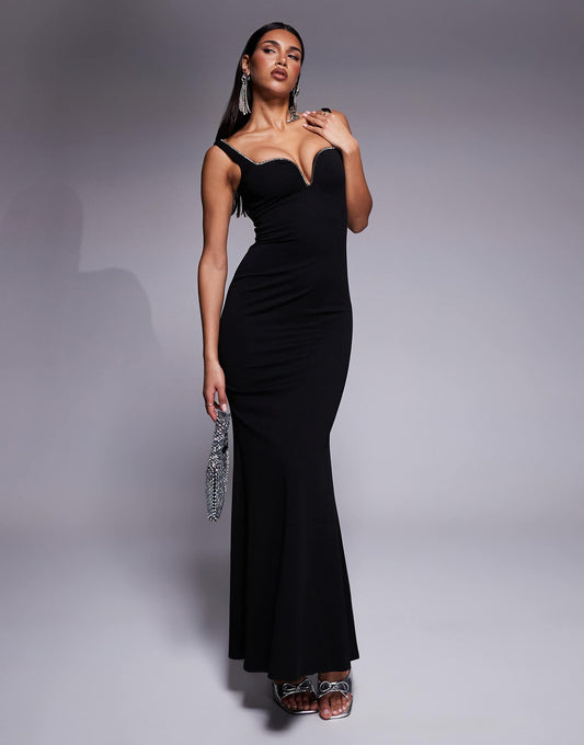 Embellished Diamante Trim Square Neck Scuba Maxi Dress